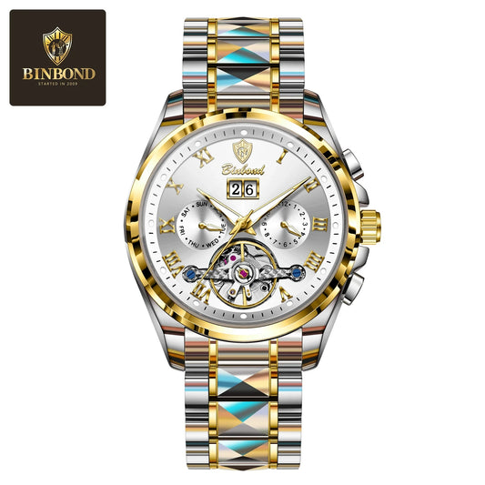 BINBOND New Luxury Men Automatic Mechanical Watch Fashion Date Waterproof Watch Hollow Tourbillon Stainless Steel Men Watch Male