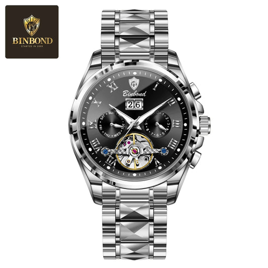 BINBOND New Luxury Men Automatic Mechanical Watch Fashion Date Waterproof Watch Hollow Tourbillon Stainless Steel Men Watch Male